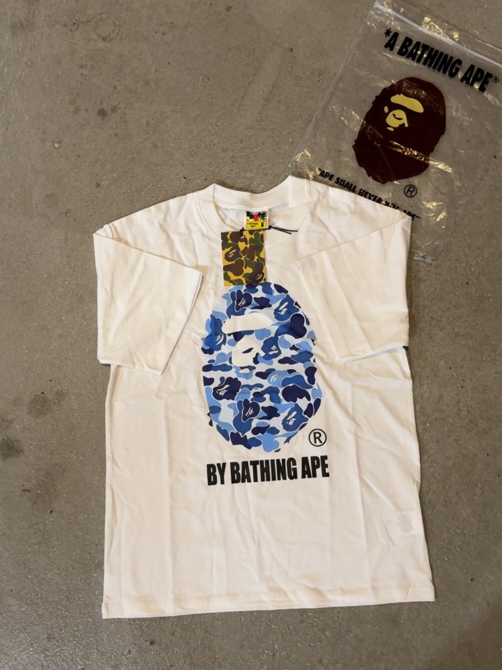 Bape White Tee with Blue Camo Ape Head